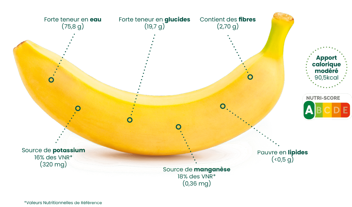 Valeurs nutritionnelles moyennes pour 100g de banane (source : Table Ciqual, Anses, 2020)