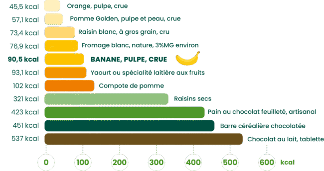 Teneurs caloriques moyennes de différents aliments du quotidien (kcal/100g) (source : Table Ciqual, Anses, 2020)